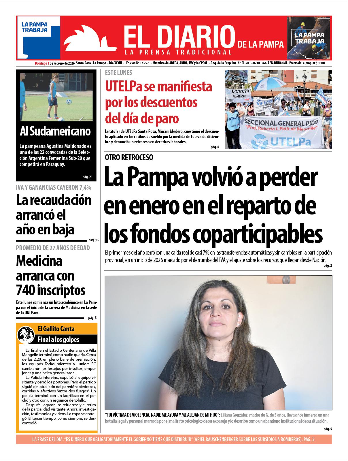 Tapa de El Diario en papel  domingo 01 de febrero de 2026